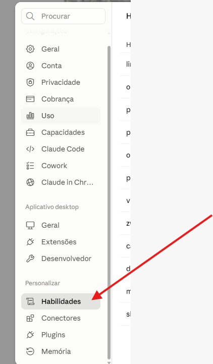Tela de configurações do Claude, destacando a opção Habilidades